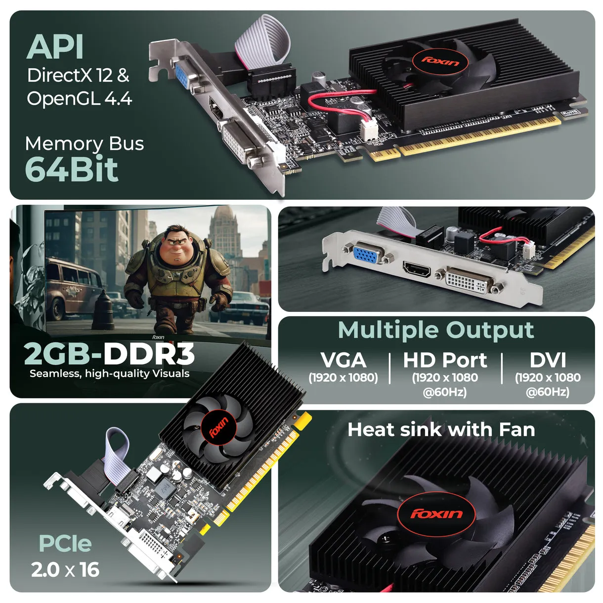 Foxin Nvidia Graphic Card GT610 2GB DDR3 with HDMI, DVI, VGA Port view 2
